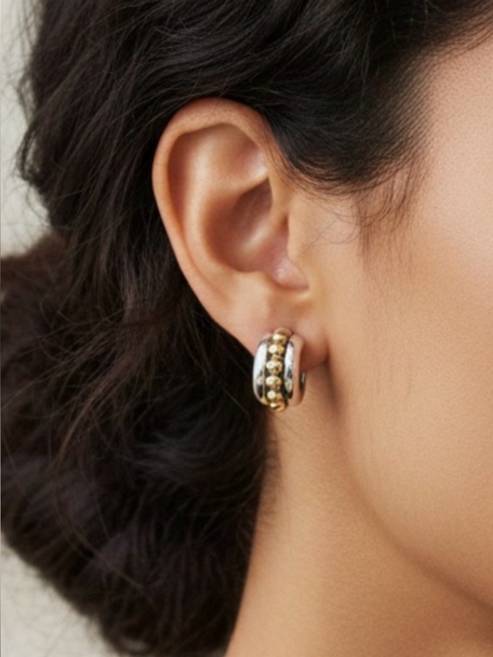 Lagos 925 Sterling Silver and 18kt Yellow Gold ‘Caviar’ Layered Hoop Earrings